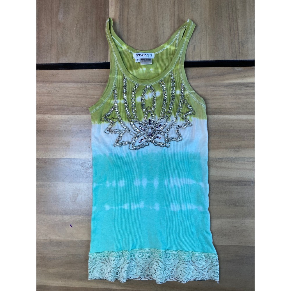 Haven Girl Tie Dye Tank Top Beaded Embellished Lace Trim Ribbed Green‎ Blue
